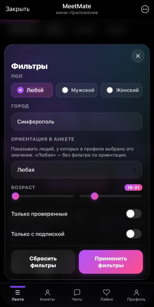 Интерфейс MeetMate: фильтры поиска